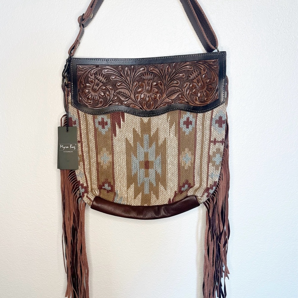 Tooled Leather Western Fringe Aztec Patterned Purse - Picture 6 of 6
